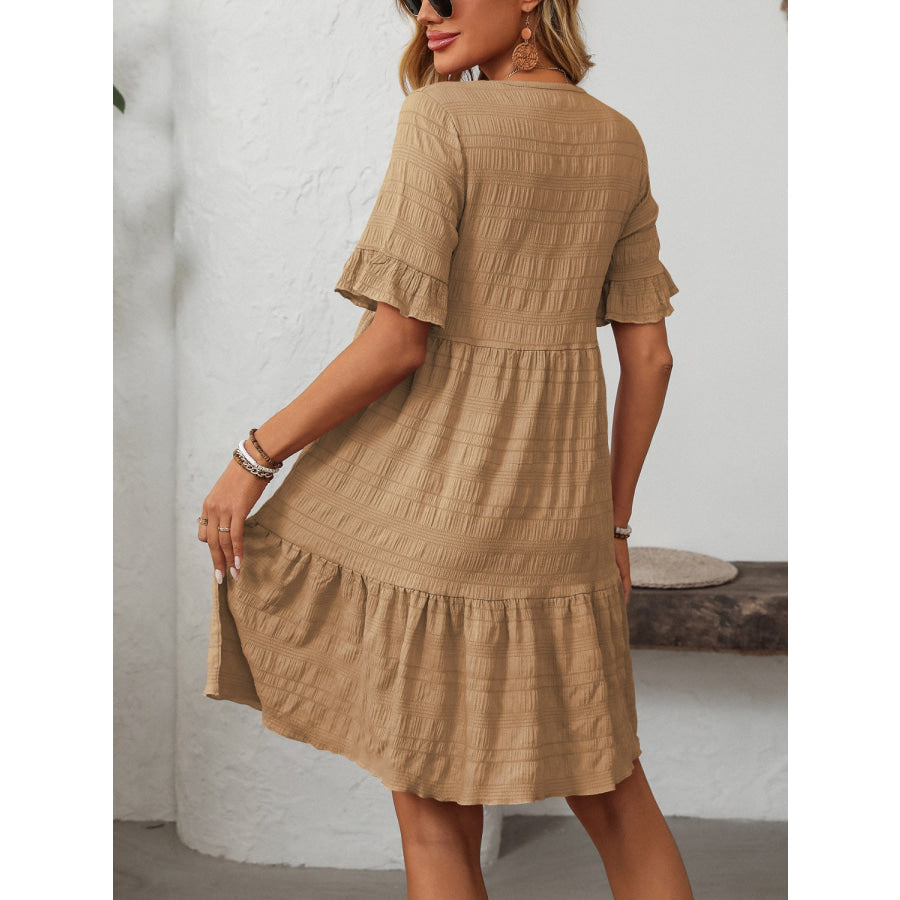 Mandy Ruffled Ruched Round Neck Half Sleeve Dress Apparel and Accessories