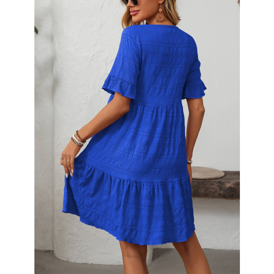 Mandy Ruffled Ruched Round Neck Half Sleeve Dress Apparel and Accessories