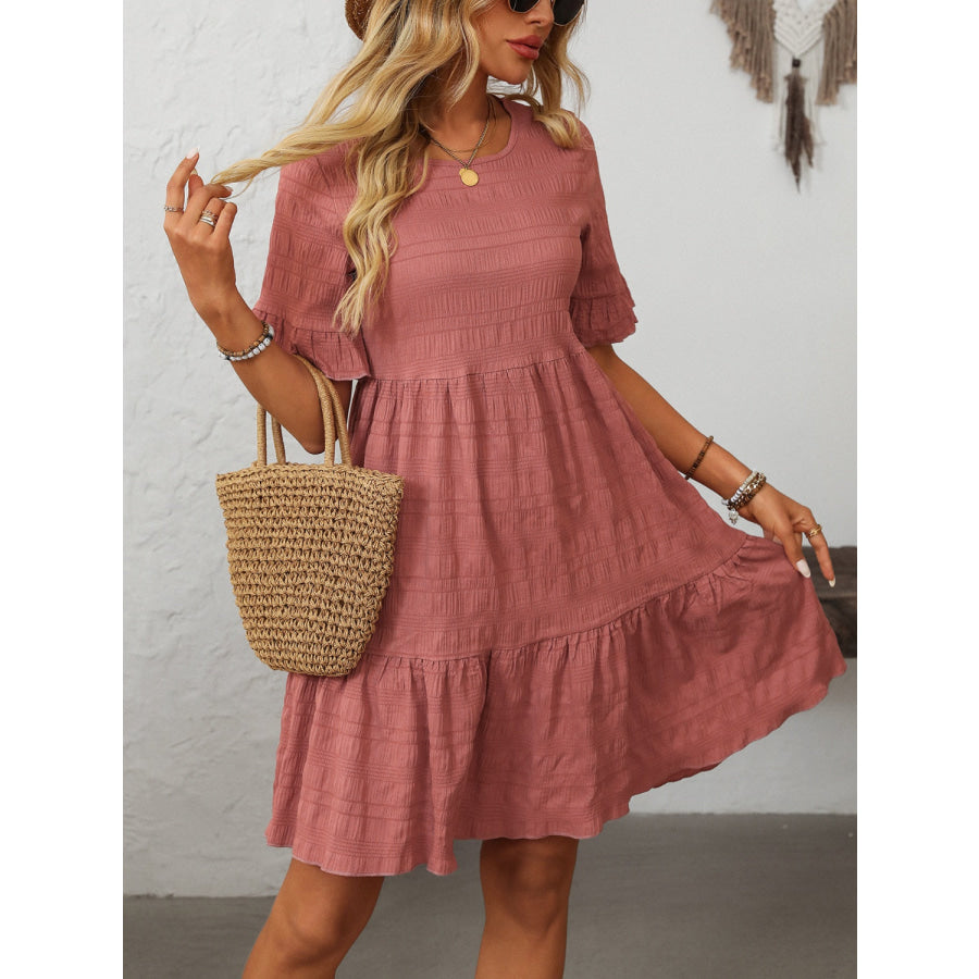Mandy Ruffled Ruched Round Neck Half Sleeve Dress Apparel and Accessories