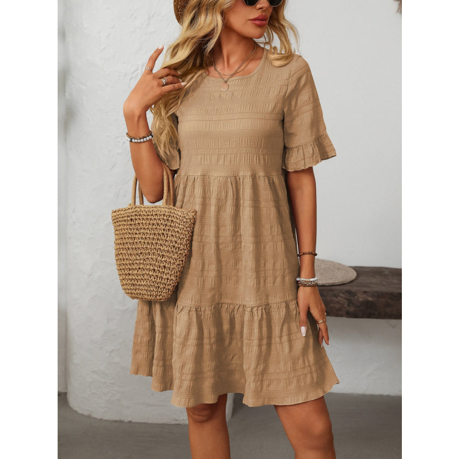 Mandy Ruffled Ruched Round Neck Half Sleeve Dress Apparel and Accessories