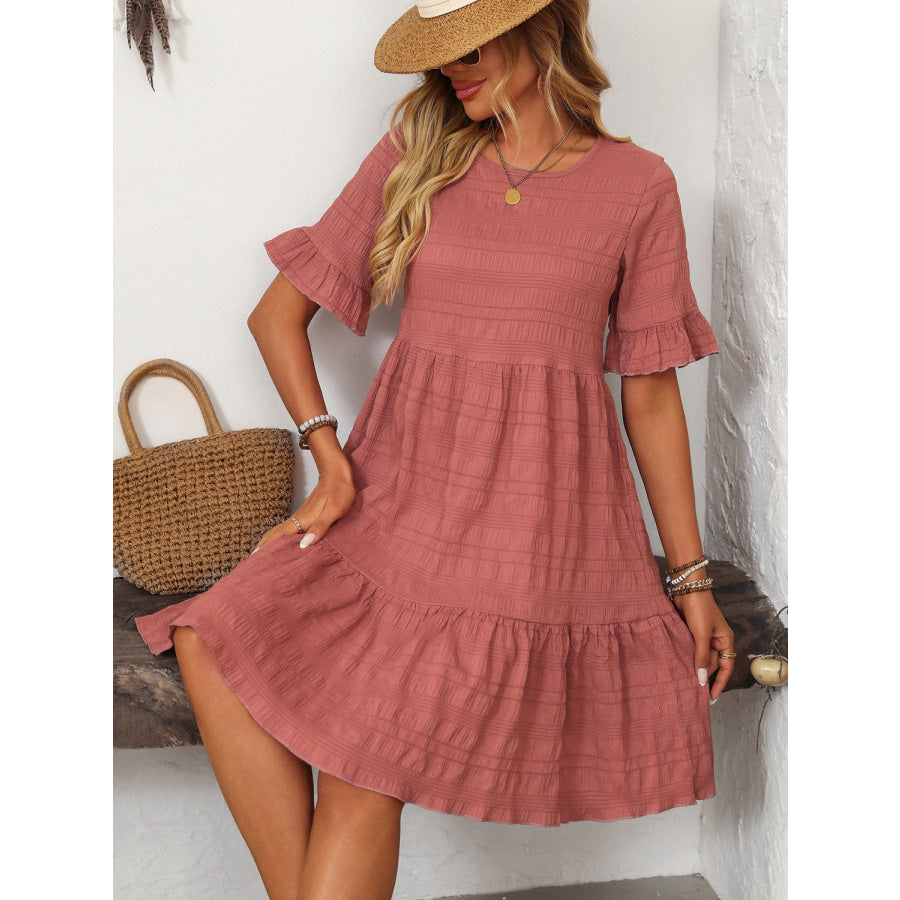 Mandy Ruffled Ruched Round Neck Half Sleeve Dress Apparel and Accessories
