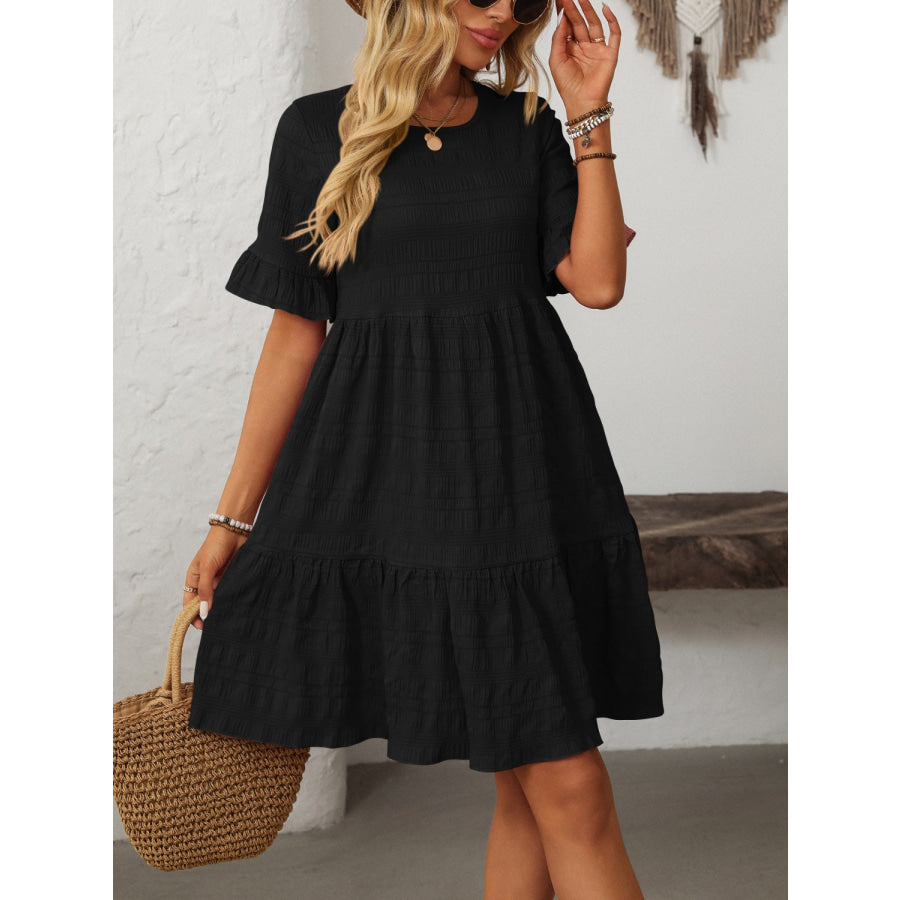 Mandy Ruffled Ruched Round Neck Half Sleeve Dress Apparel and Accessories