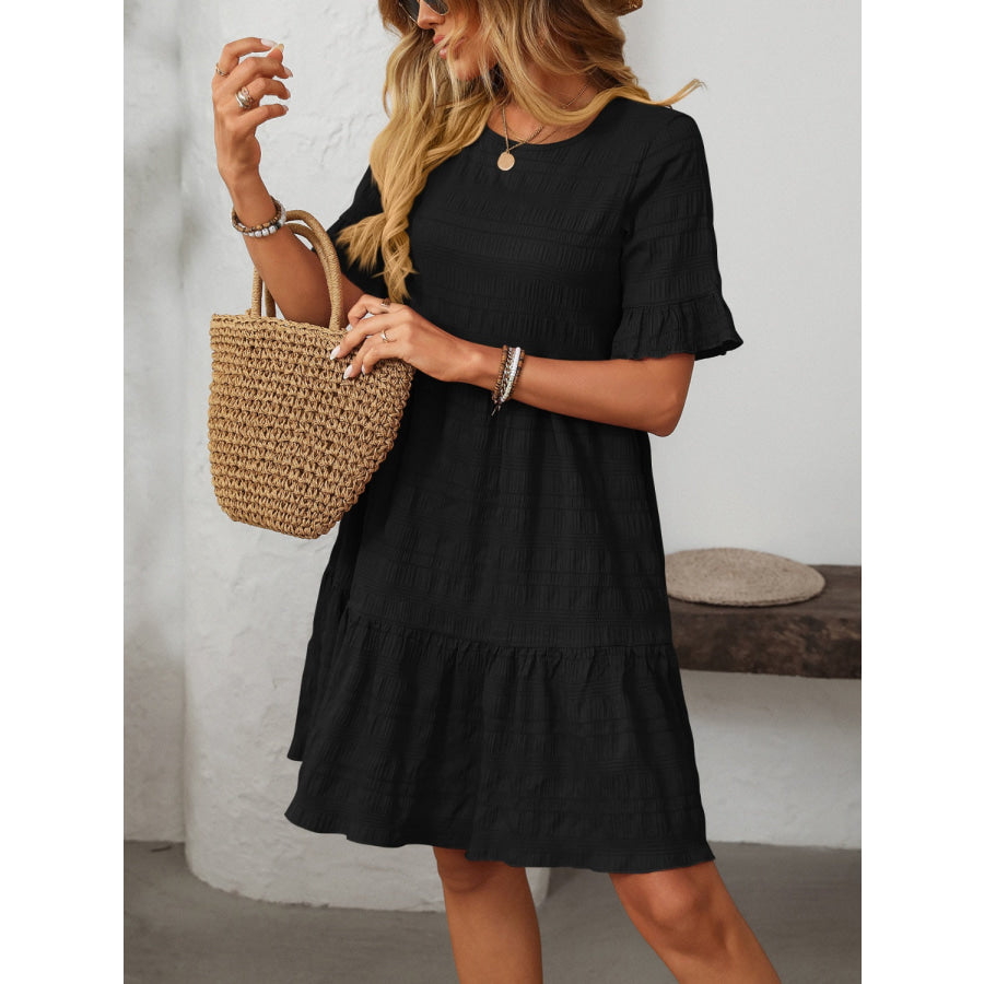 Mandy Ruffled Ruched Round Neck Half Sleeve Dress Apparel and Accessories