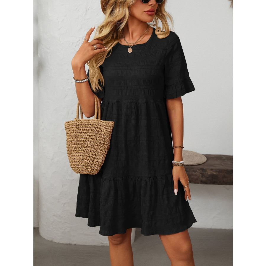 Mandy Ruffled Ruched Round Neck Half Sleeve Dress Black / S Apparel and Accessories