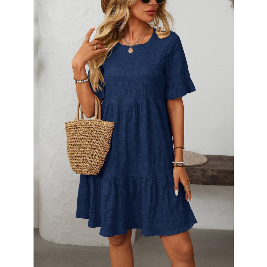 Mandy Ruffled Ruched Round Neck Half Sleeve Dress Navy / S Apparel and Accessories
