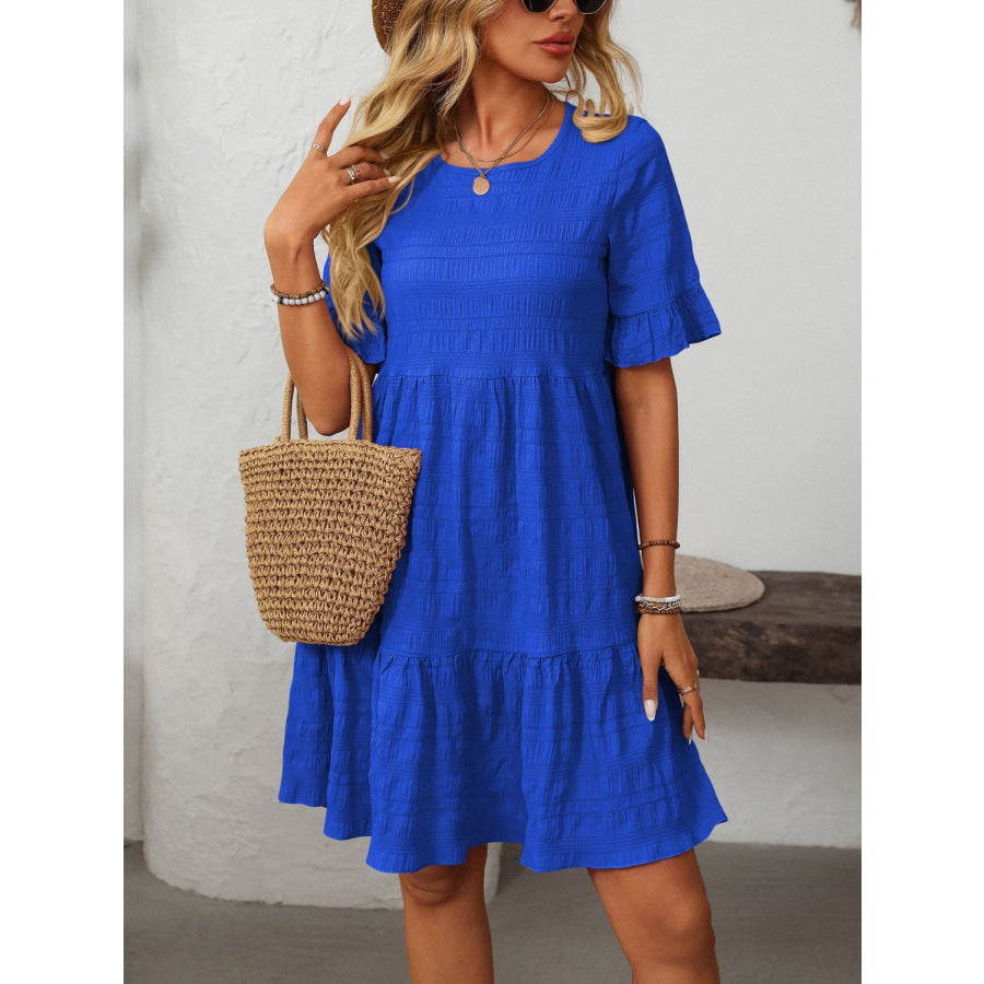 Mandy Ruffled Ruched Round Neck Half Sleeve Dress Royal Blue / S Apparel and Accessories