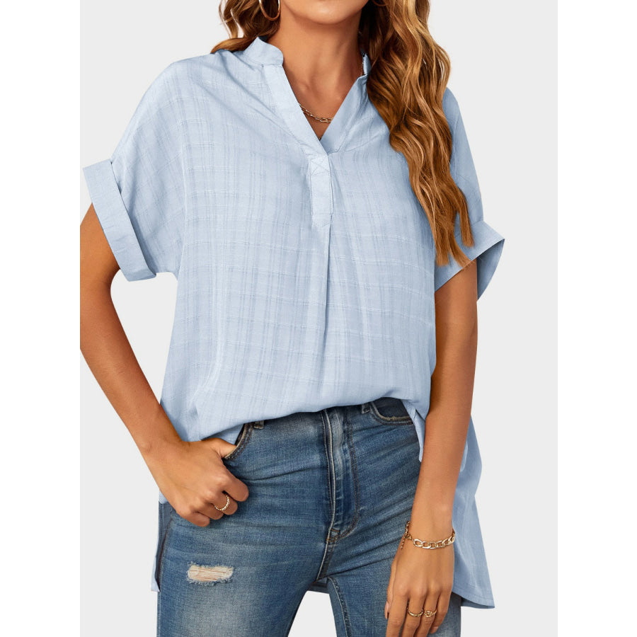 Mandy Side Slit Notched Short Sleeve Blouse Apparel and Accessories