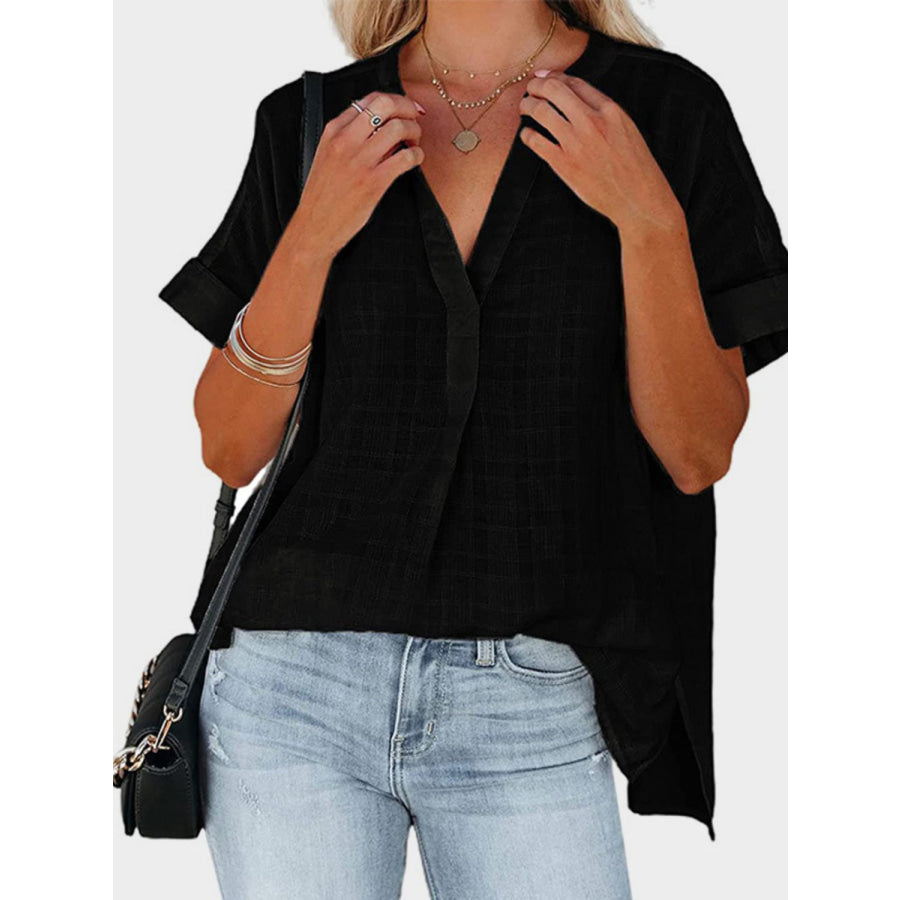 Mandy Side Slit Notched Short Sleeve Blouse Apparel and Accessories