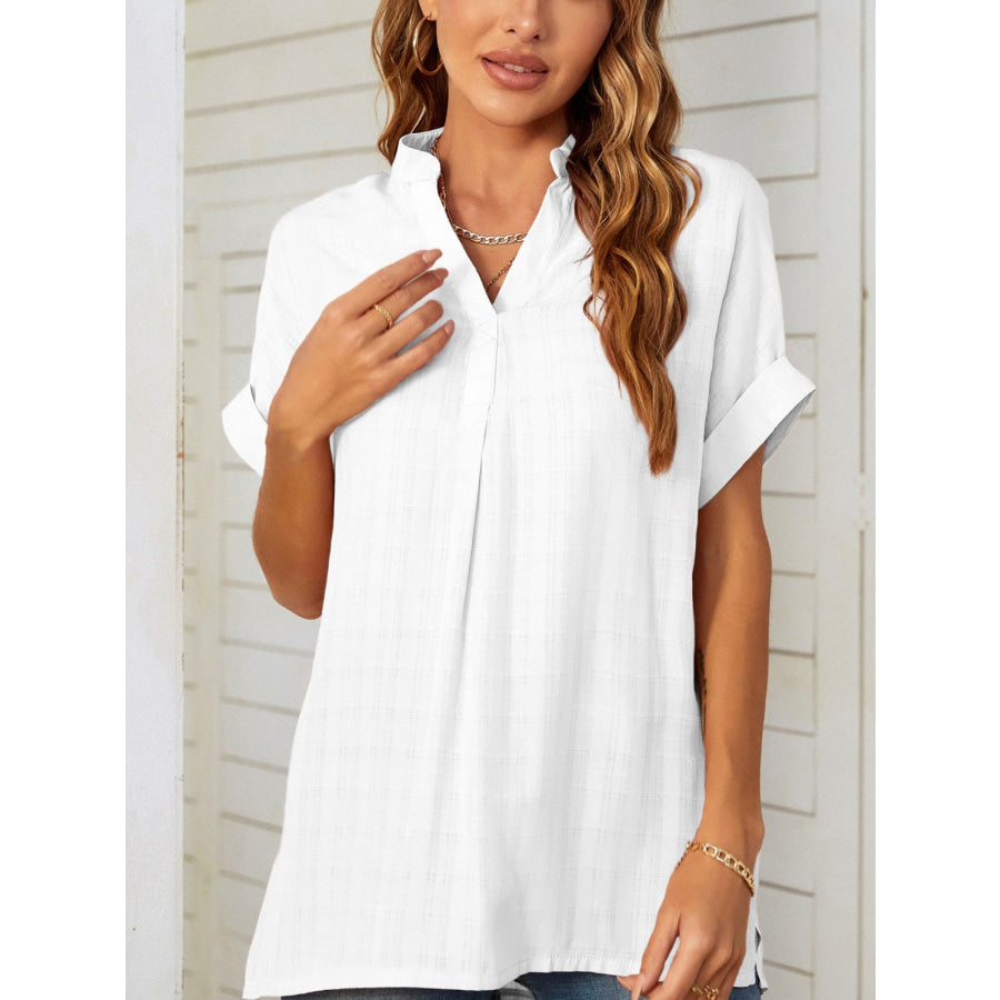 Mandy Side Slit Notched Short Sleeve Blouse Apparel and Accessories