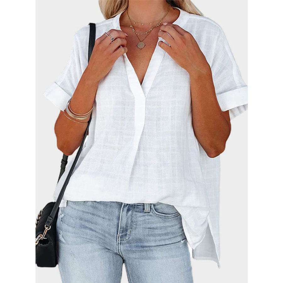 Mandy Side Slit Notched Short Sleeve Blouse Apparel and Accessories