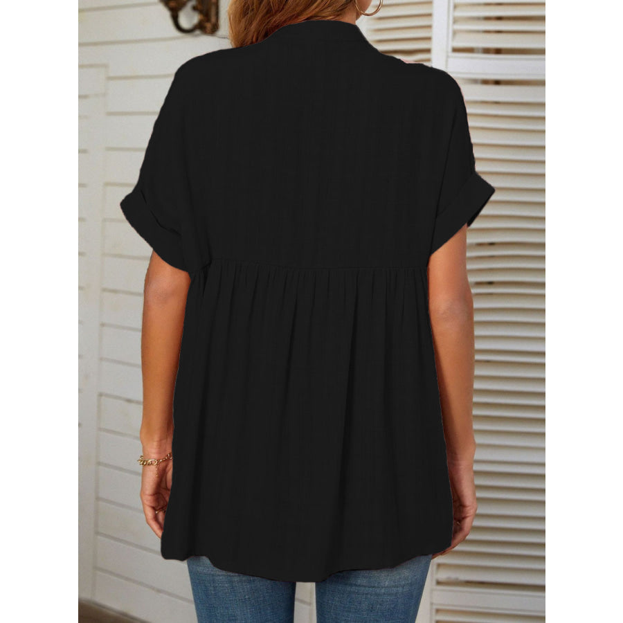 Mandy Side Slit Notched Short Sleeve Blouse Apparel and Accessories