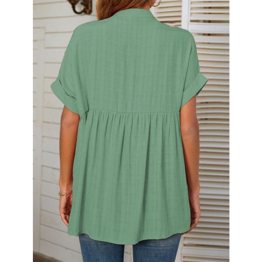 Mandy Side Slit Notched Short Sleeve Blouse Apparel and Accessories