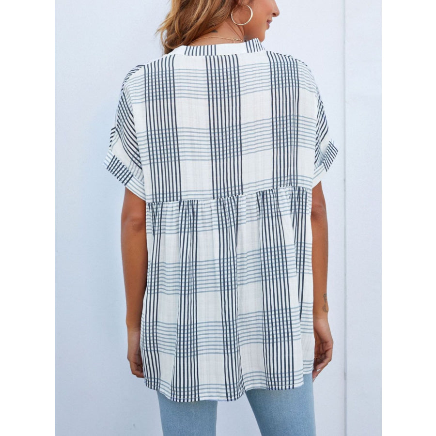 Mandy Side Slit Notched Short Sleeve Blouse Apparel and Accessories