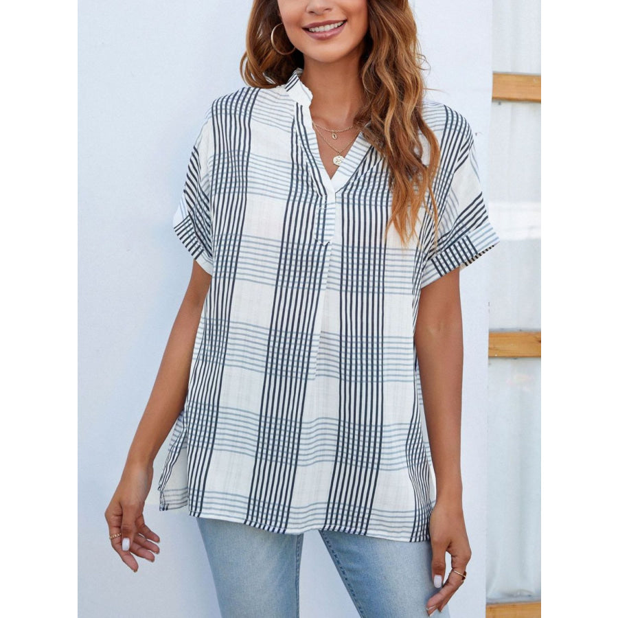 Mandy Side Slit Notched Short Sleeve Blouse Apparel and Accessories
