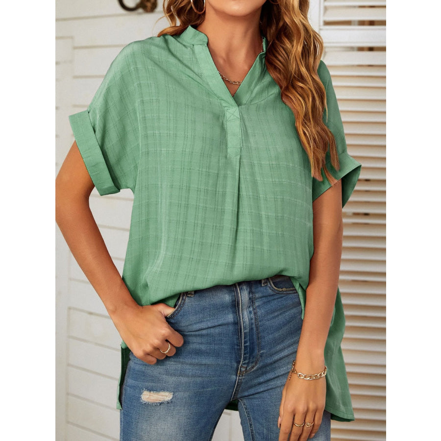 Mandy Side Slit Notched Short Sleeve Blouse Apparel and Accessories