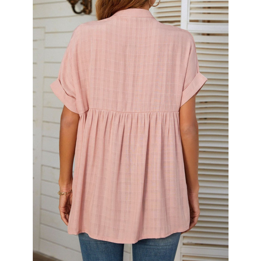 Mandy Side Slit Notched Short Sleeve Blouse Apparel and Accessories