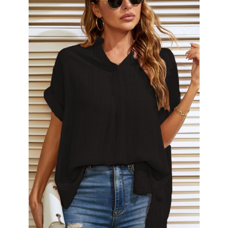 Mandy Side Slit Notched Short Sleeve Blouse Black / S Apparel and Accessories
