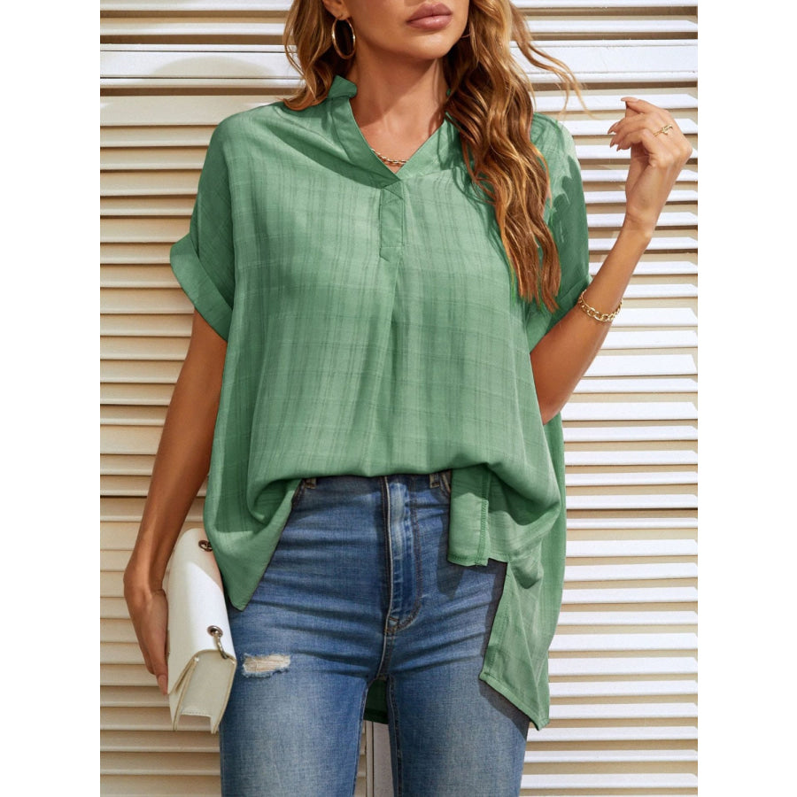 Mandy Side Slit Notched Short Sleeve Blouse Gum Leaf / S Apparel and Accessories