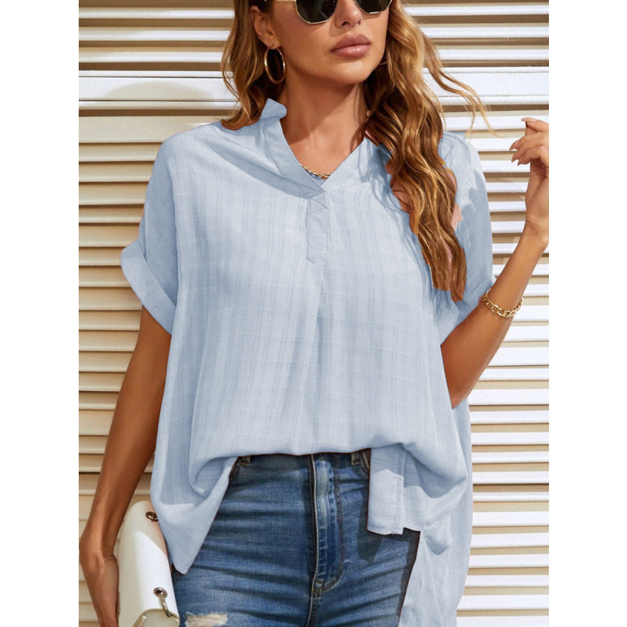 Mandy Side Slit Notched Short Sleeve Blouse Light Blue / S Apparel and Accessories