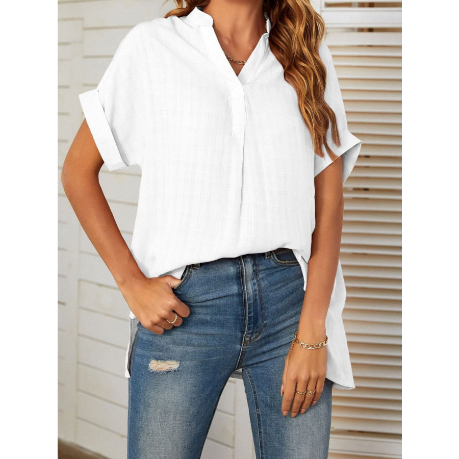 Mandy Side Slit Notched Short Sleeve Blouse White / S Apparel and Accessories
