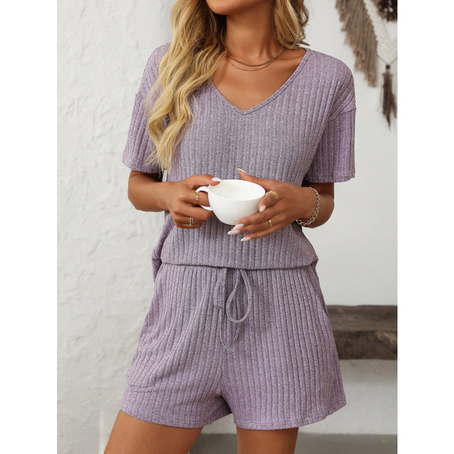 Mandy V-Neck Short Sleeve Top and Shorts Set Lilac / S Apparel and Accessories