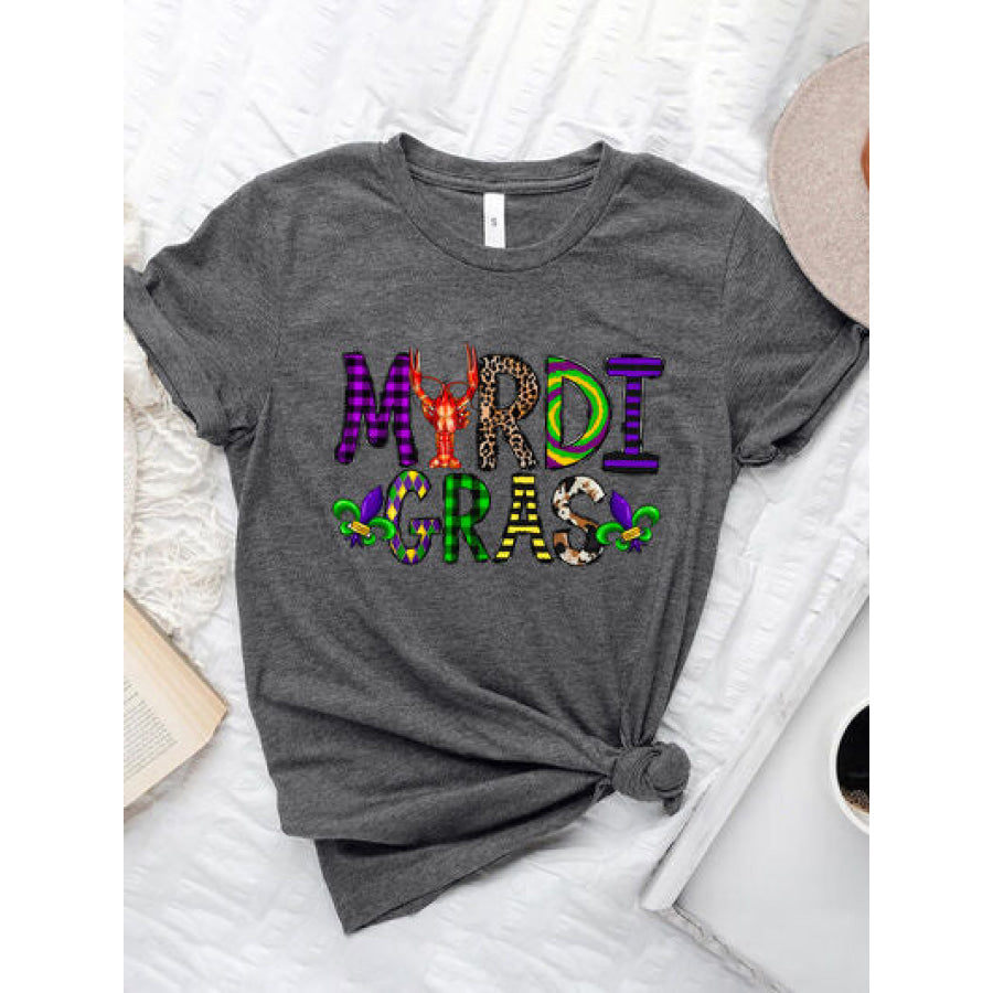 MARDI GRAS Round Neck Short Sleeve T - Shirt Charcoal / S Apparel and Accessories