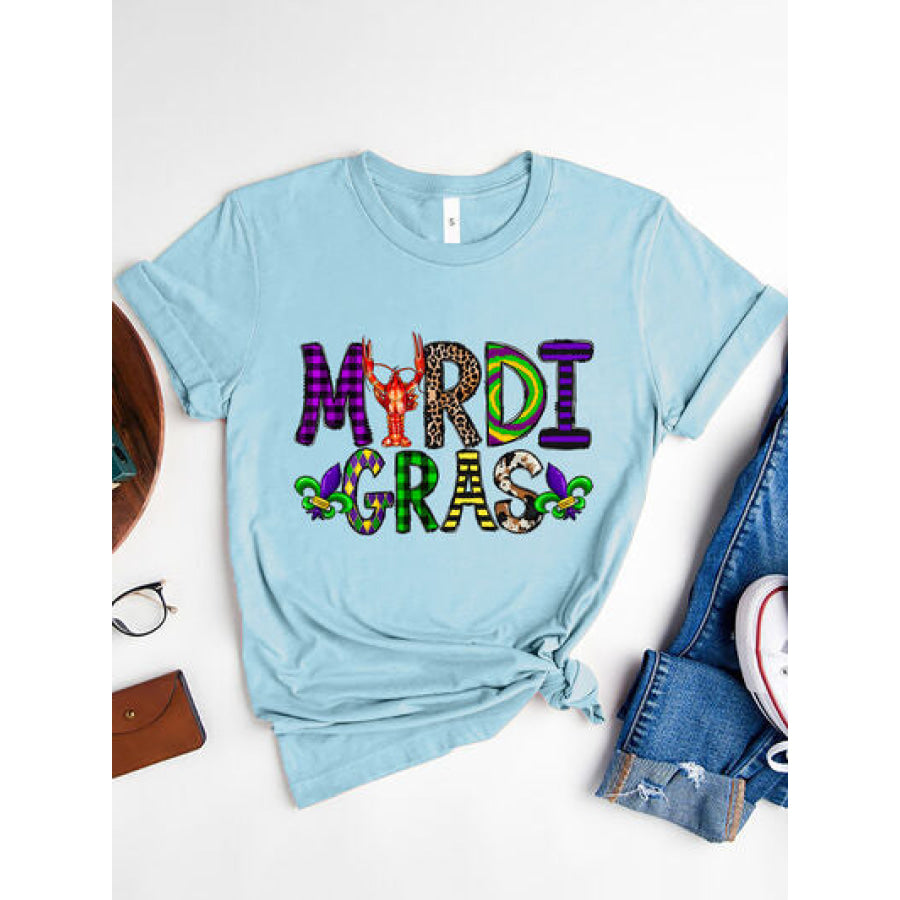 MARDI GRAS Round Neck Short Sleeve T - Shirt Misty Blue / S Apparel and Accessories