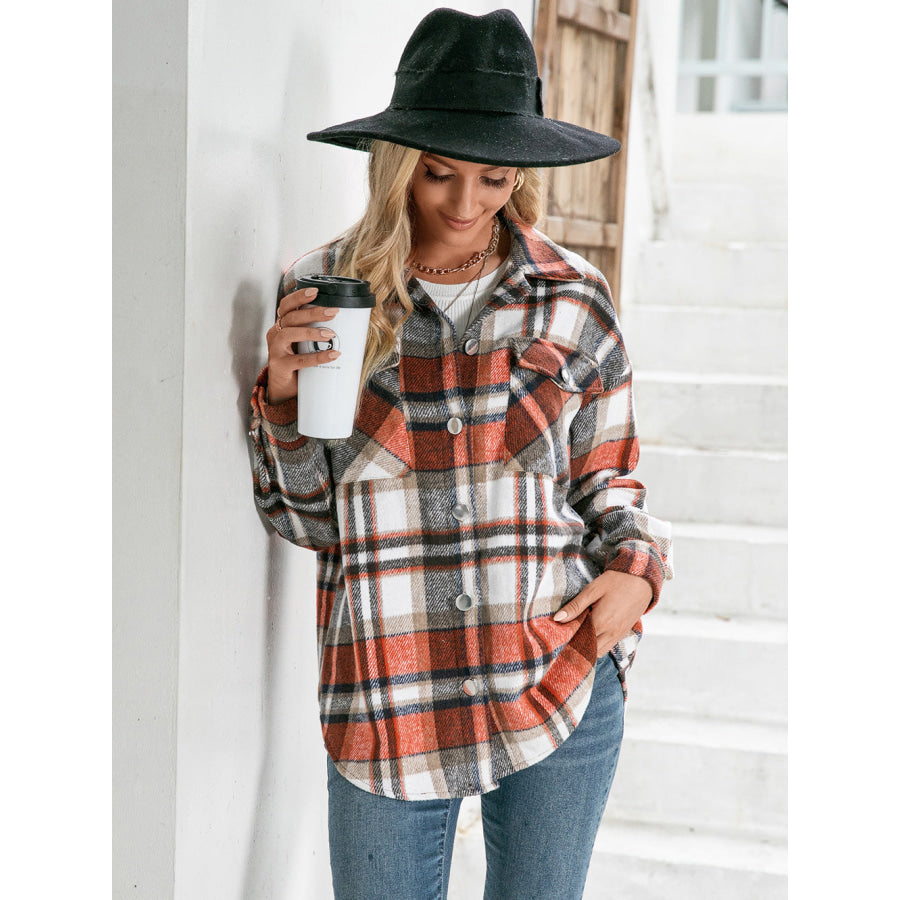 Meet You Outside Plaid Button Down Curved Hem Shacket Orange / XL