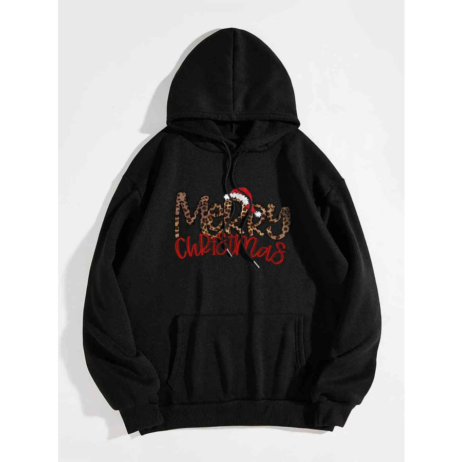 MERRY CHRISTMAS Graphic Drawstring Hoodie Black / S