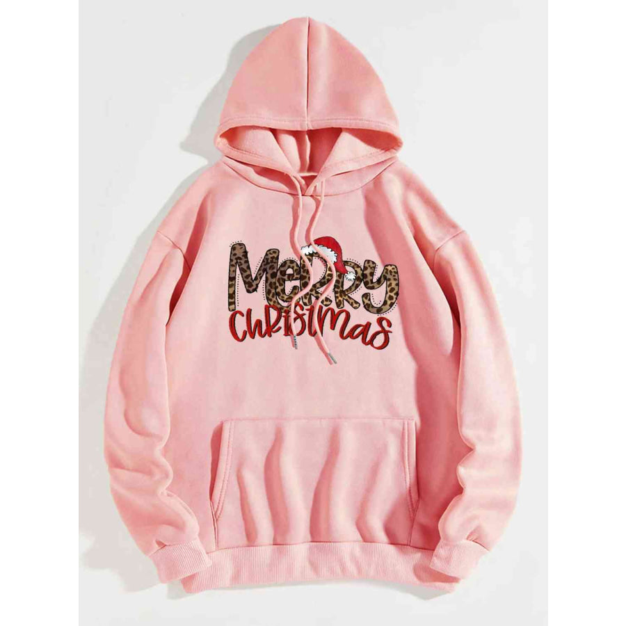 MERRY CHRISTMAS Graphic Drawstring Hoodie Blush Pink / S