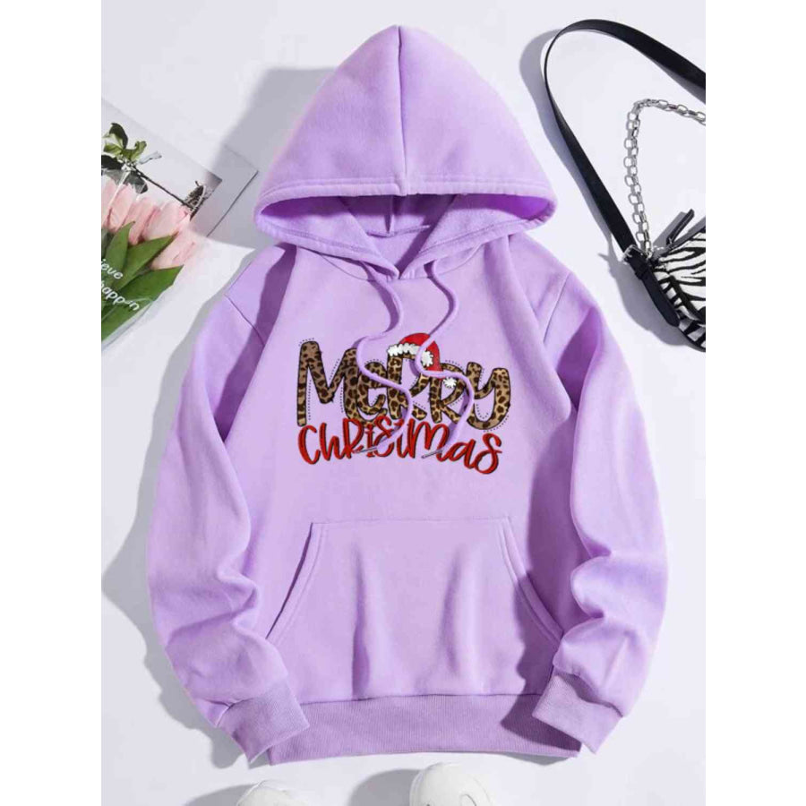 MERRY CHRISTMAS Graphic Drawstring Hoodie Lavender / S
