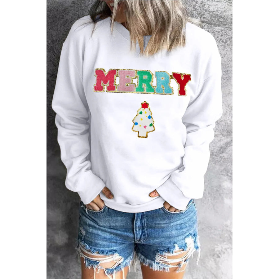 MERRY Round Neck Long Sleeve Sweatshirt White / S Apparel and Accessories