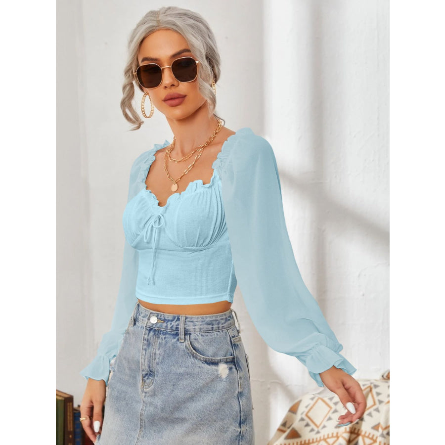 Mesh Sweetheart Neck Flounce Sleeve Top Apparel and Accessories
