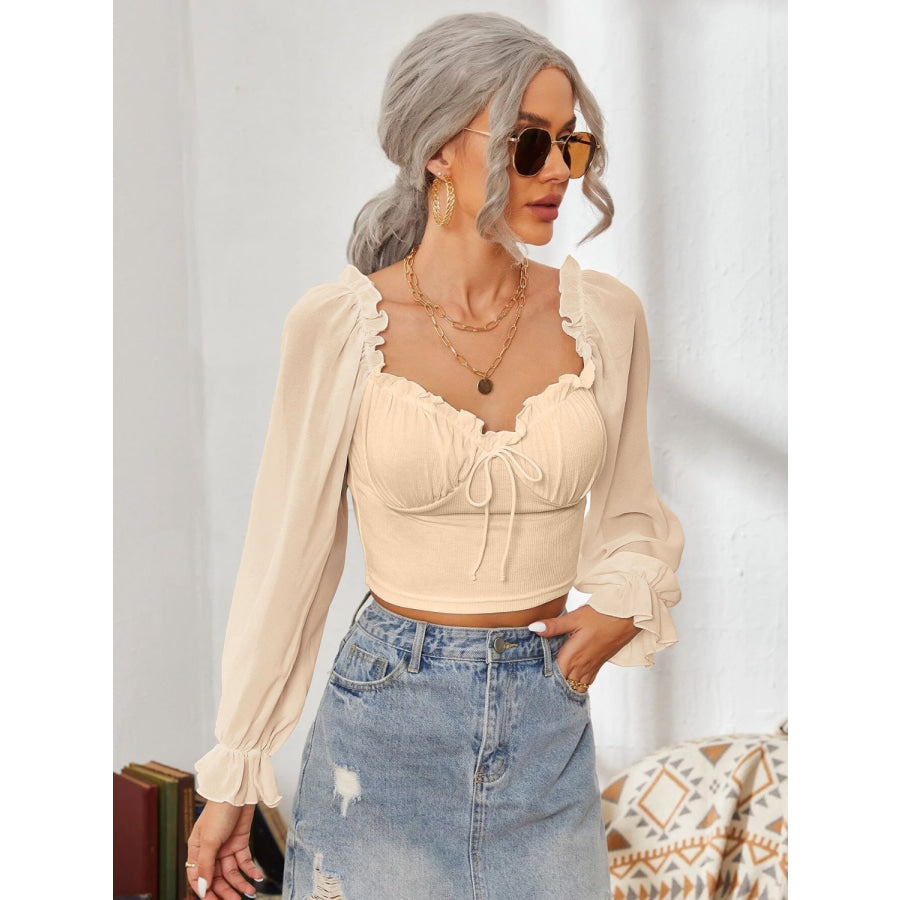 Mesh Sweetheart Neck Flounce Sleeve Top Apparel and Accessories