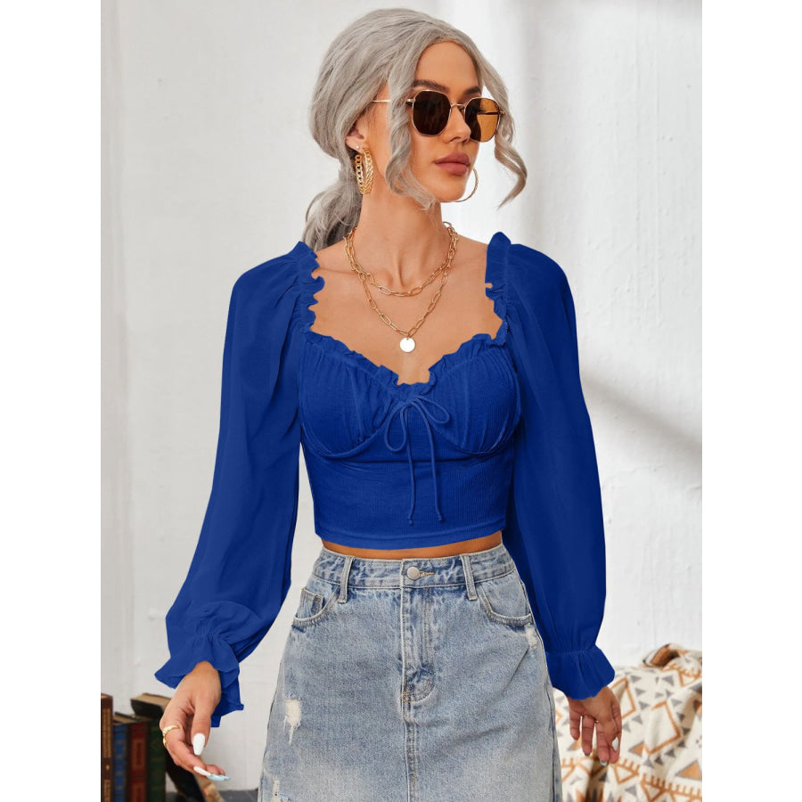 Mesh Sweetheart Neck Flounce Sleeve Top Apparel and Accessories