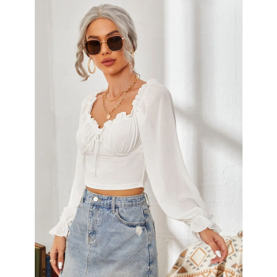 Mesh Sweetheart Neck Flounce Sleeve Top Apparel and Accessories