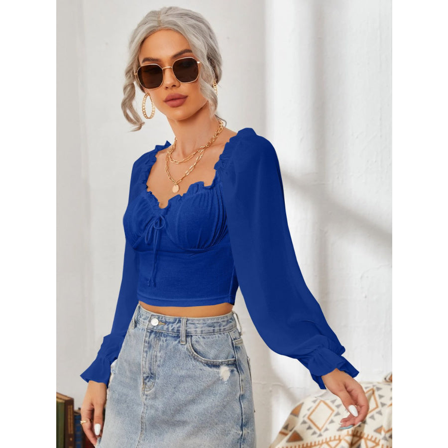 Mesh Sweetheart Neck Flounce Sleeve Top Apparel and Accessories