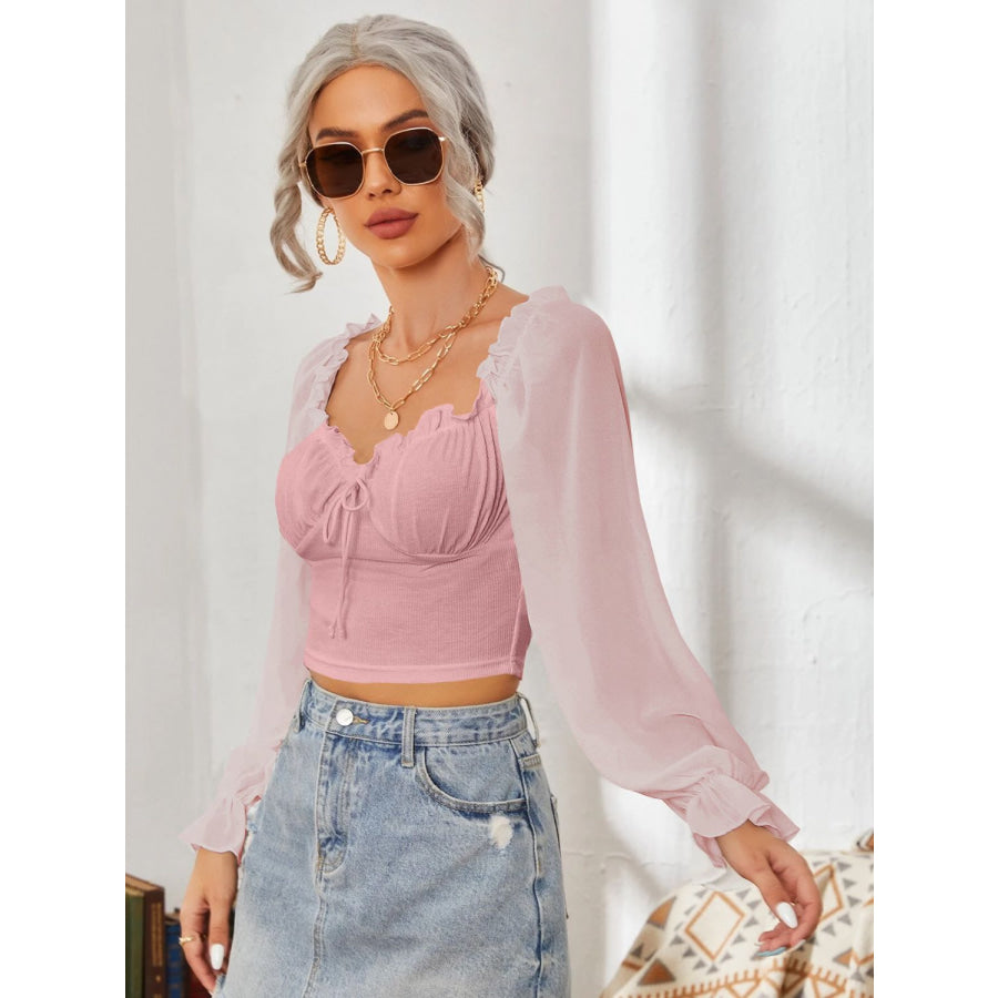 Mesh Sweetheart Neck Flounce Sleeve Top Apparel and Accessories