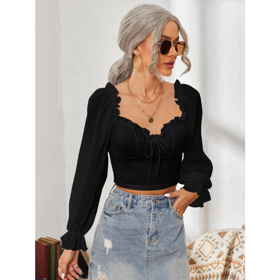 Mesh Sweetheart Neck Flounce Sleeve Top Apparel and Accessories