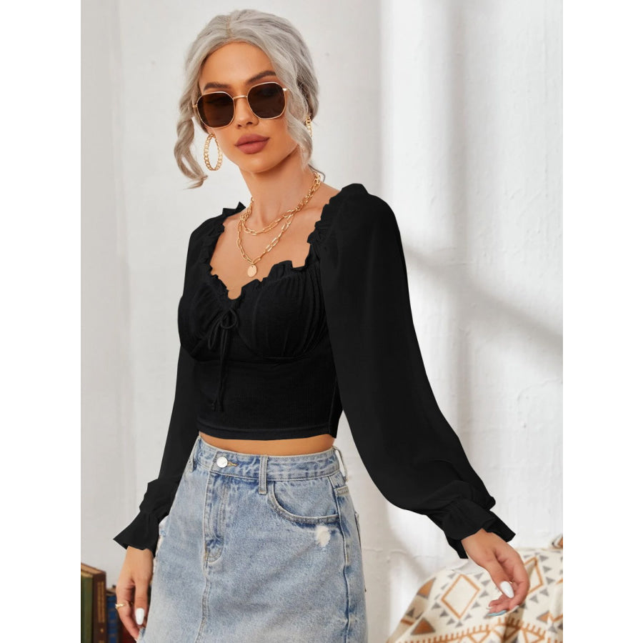 Mesh Sweetheart Neck Flounce Sleeve Top Apparel and Accessories