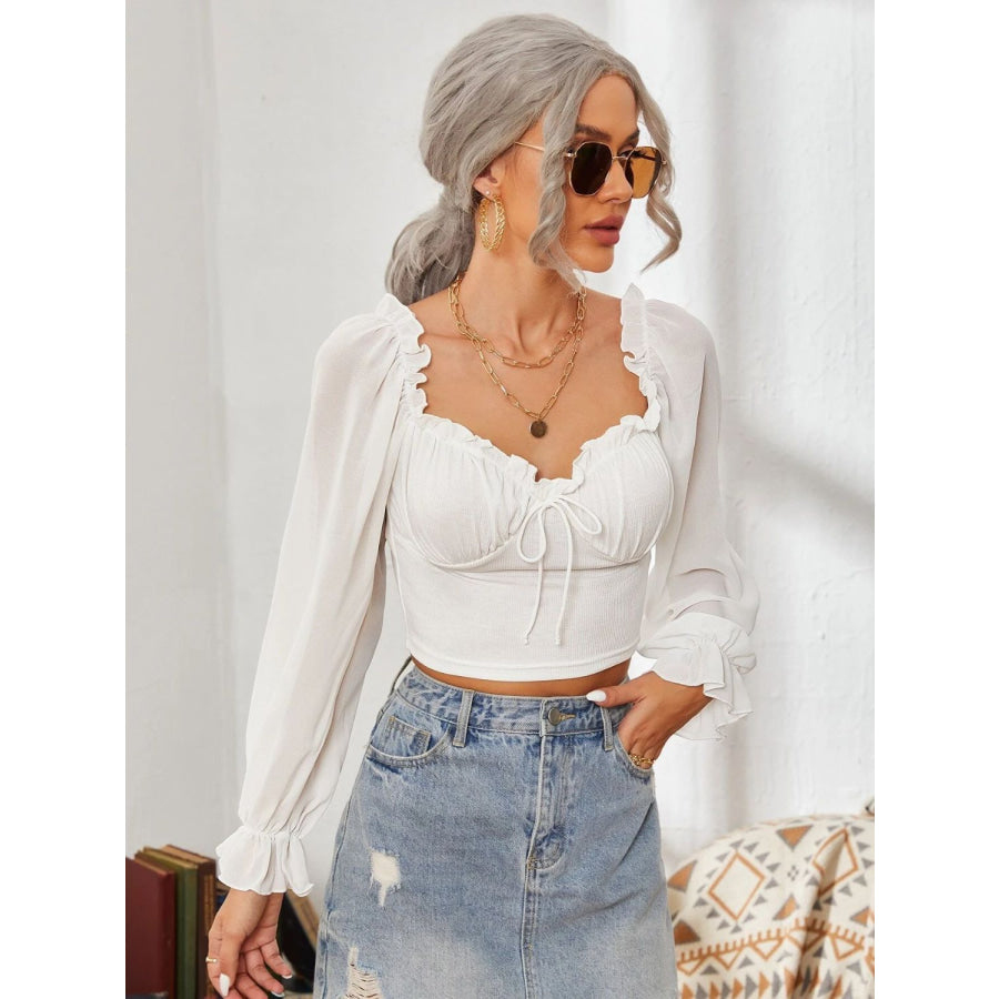 Mesh Sweetheart Neck Flounce Sleeve Top Apparel and Accessories