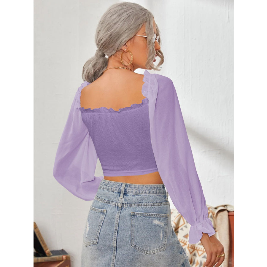 Mesh Sweetheart Neck Flounce Sleeve Top Apparel and Accessories