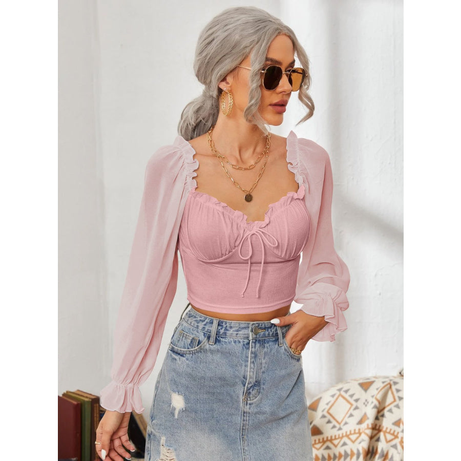 Mesh Sweetheart Neck Flounce Sleeve Top Apparel and Accessories