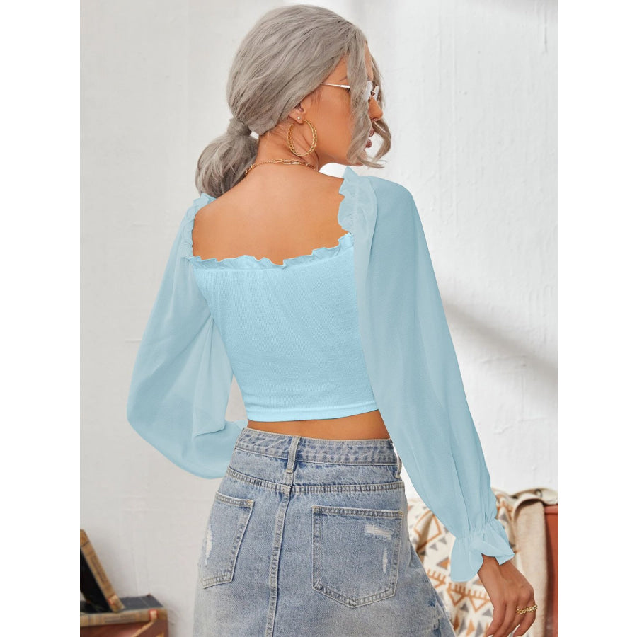 Mesh Sweetheart Neck Flounce Sleeve Top Apparel and Accessories