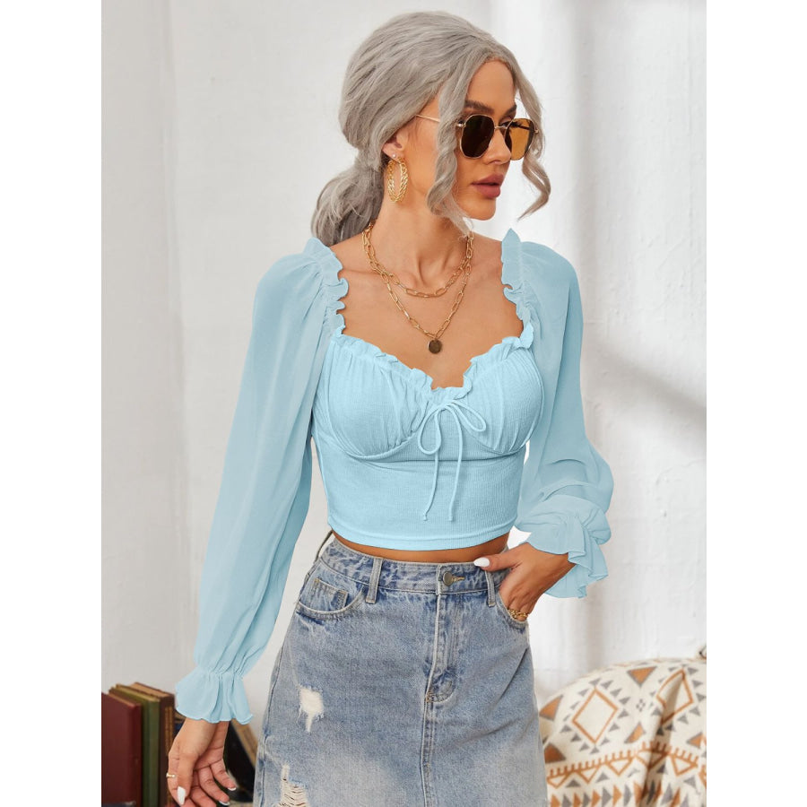 Mesh Sweetheart Neck Flounce Sleeve Top Apparel and Accessories