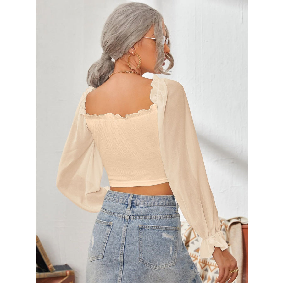 Mesh Sweetheart Neck Flounce Sleeve Top Apparel and Accessories