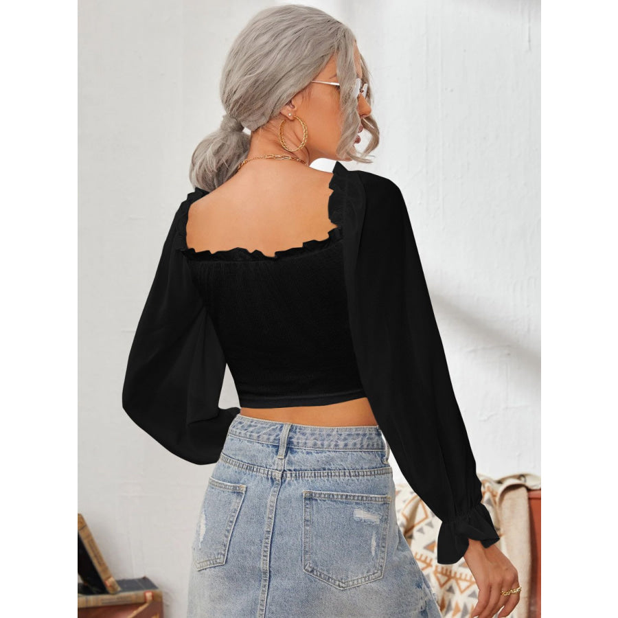 Mesh Sweetheart Neck Flounce Sleeve Top Apparel and Accessories
