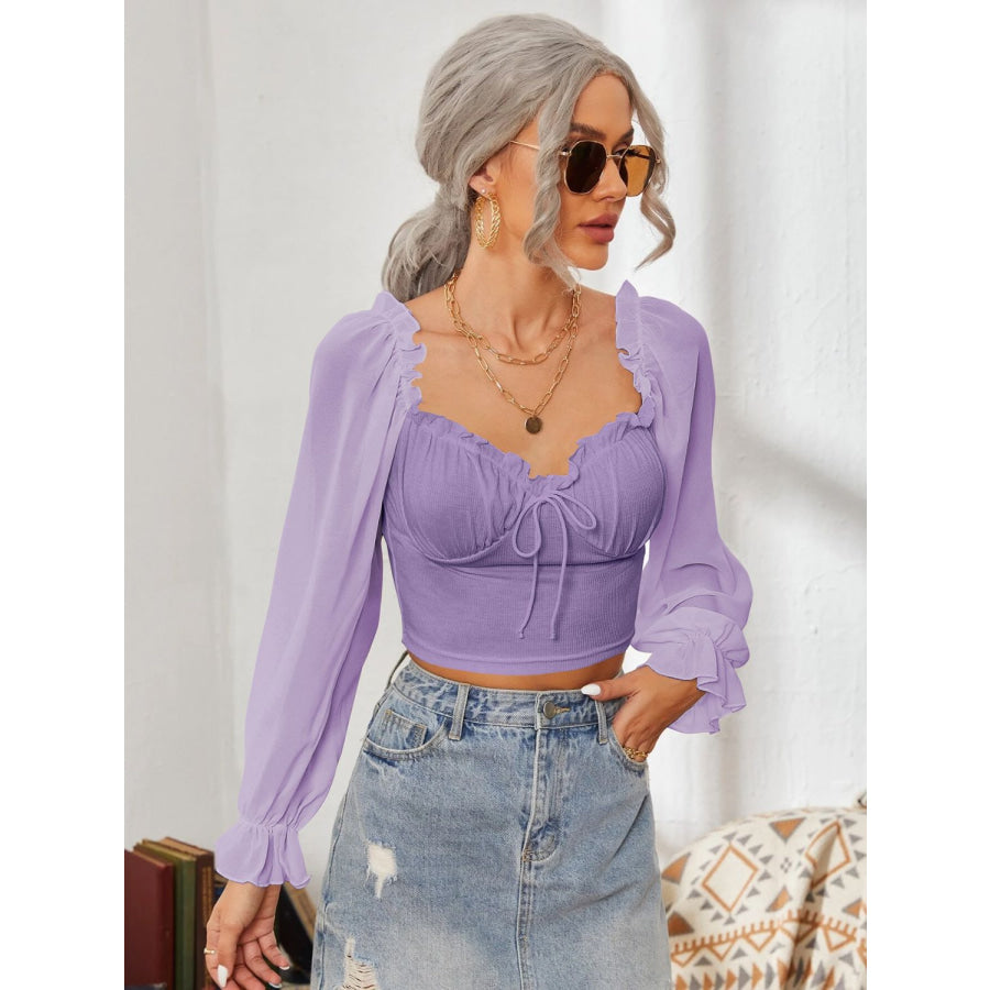 Mesh Sweetheart Neck Flounce Sleeve Top Pink Purple / S Apparel and Accessories