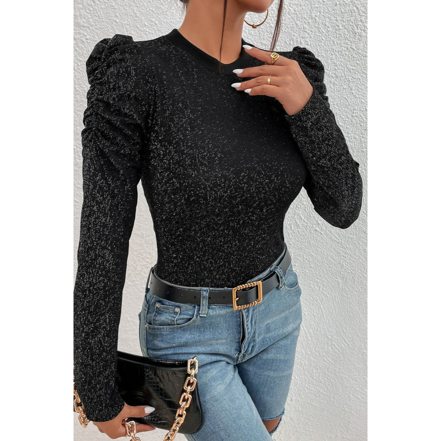 Metallic Round Neck Puff Sleeve Blouse Black / S Apparel and Accessories