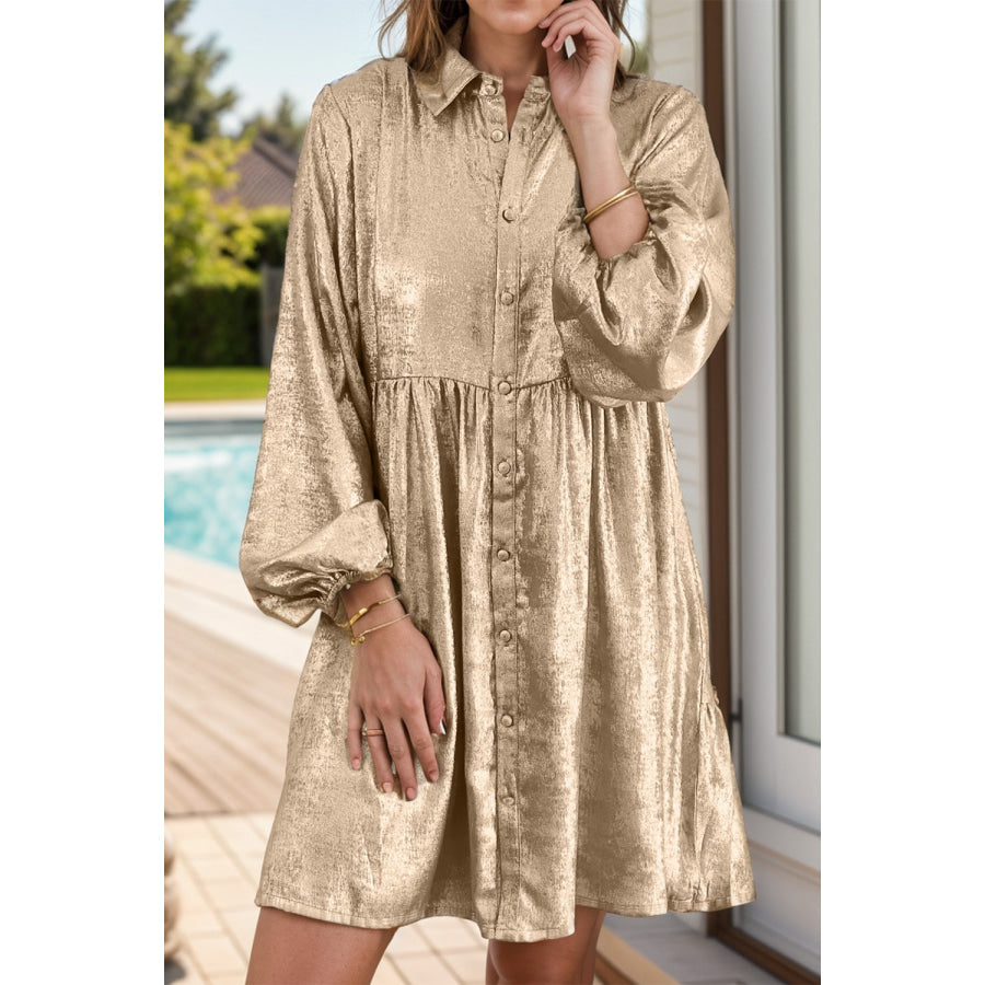 Metallic Sheen Long Sleeve Mini Dress Dust Storm / S Apparel and Accessories